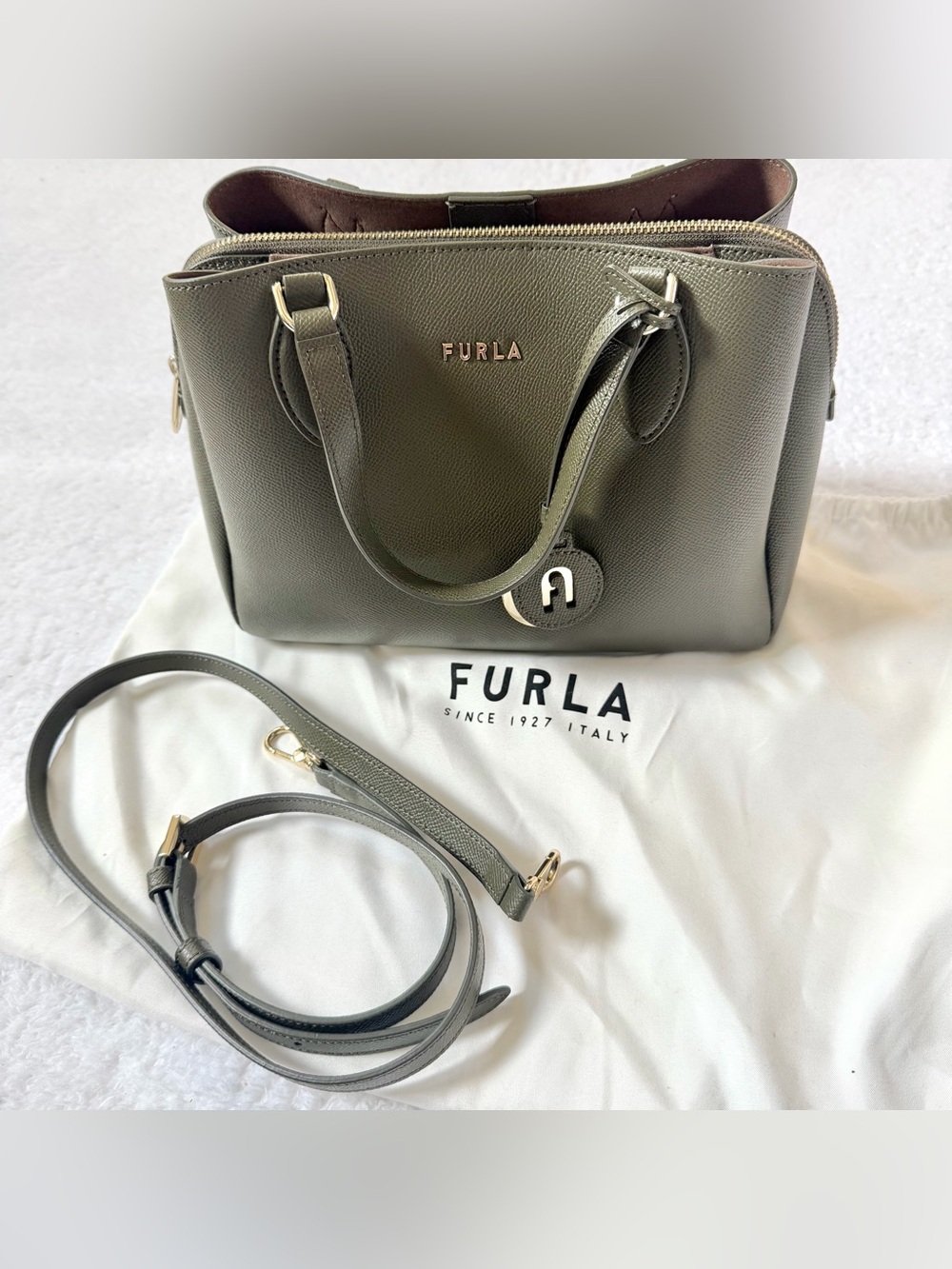 Furla Handbag Crossbody Tote Bag 2ways Leather Grey Green Logo Gold Women
